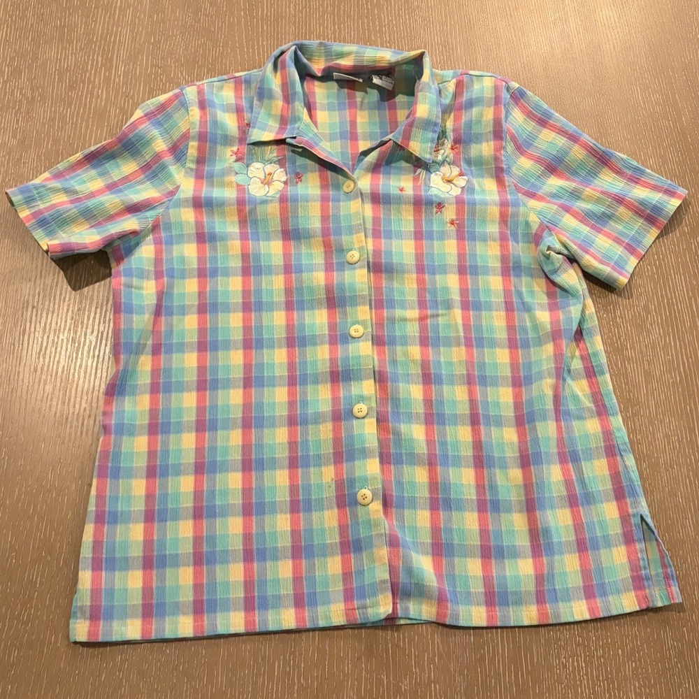 Stephanie by Koret Women's Medium Plaid Floral Embroidered Button-Up Shirt